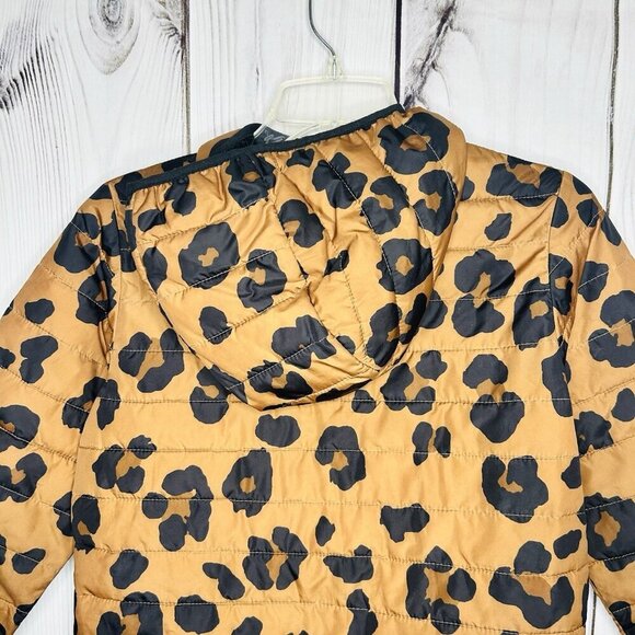 GAP Kids Girls Sz L Puffer Jacket Brown Black Animal Print Hooded Full Zip - Picture 5 of 8